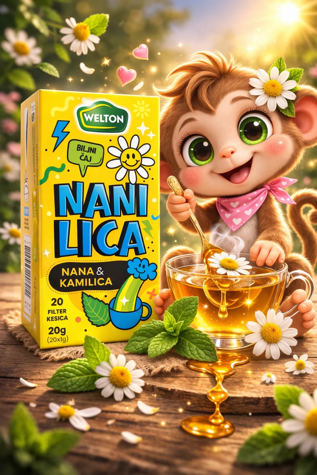 Mica, majmunče, uz kutiju čaja Welton Nanilica i šolju čaja sa kamilicom